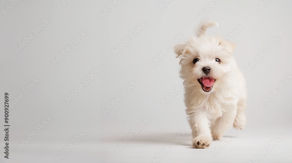 happy small bichon puppy sticking out tongue and panting while walking in front of white background in studio : Generative AI happy small bichon puppy sticking out tongue and panting while walking in front of white background in studio : Generative AI