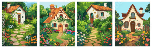 Garden infront of old cute house posters set. Little old stone bricks country house. Green bushes and trees, paved path, colored flowers. Vector cartoon style illustration