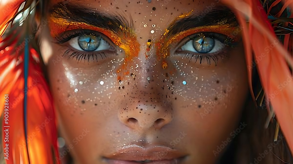 a woman with blue eyes and blue eyes with orange and yellow paint on her face. a woman with blue eyes and blue eyes with orange and yellow paint on her face.