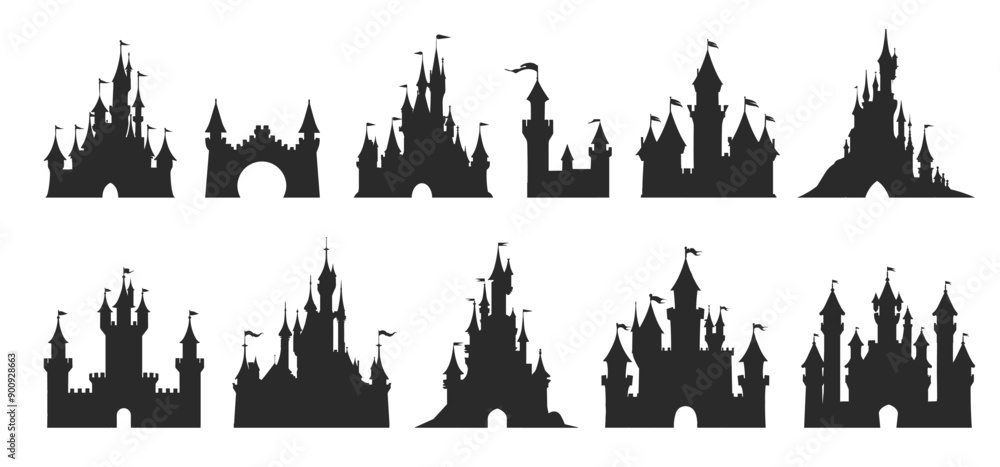 Naklejka premium Medieval and fairytail castle silhouettes set. Plain black towers bridges and passages. Font view. Medieval fortresses and strongholds. Storybooks design element. Isolated vector clipart collection