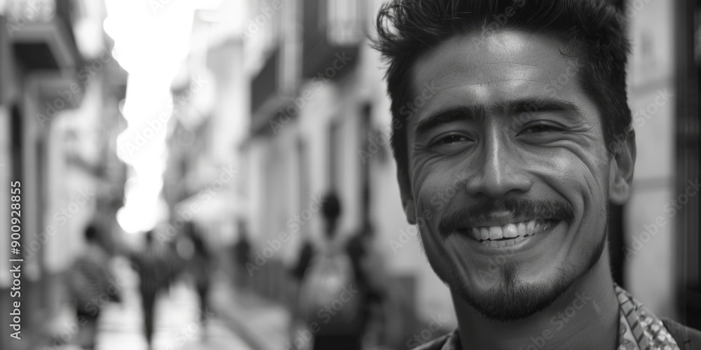 A person standing on a narrow street with a smile, perfect for use in ads or social media posts A person standing on a narrow street with a smile, perfect for use in ads or social media posts