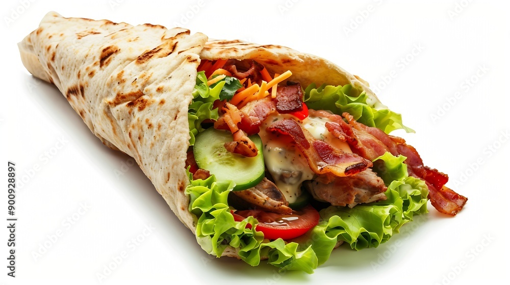 Shawarma sandwich isolated on white background Gyro fresh roll with pita with grilled chicke lettuce salad bacon tomato sauces cheese and vegetables : Generative AI Shawarma sandwich isolated on white background Gyro fresh roll with pita with grilled chicke lettuce salad bacon tomato sauces cheese and vegetables : Generative AI