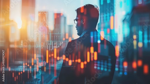 A man in a suit is looking at a computer screen with a lot of numbers and graphs