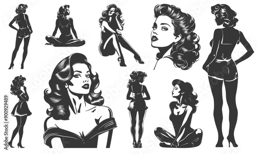 Pin-up girls shilouettes set. Slim beautiful woman. Standing sitting in variouse poses. Portrait and full length view. Monochrome isolated vector clipart collection