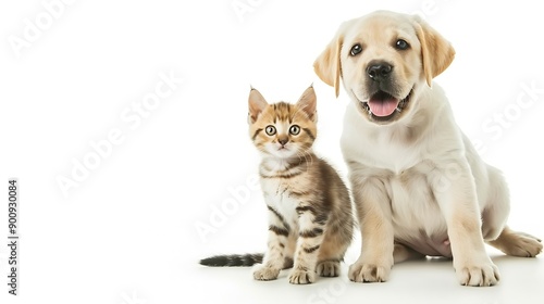 Adorable Labrador puppy and funny kitten Scottish Straight sitting together isolated on white background : Generative AI