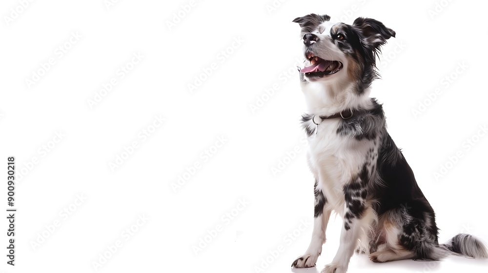 Obraz premium Cheerful Sitting American Shepherd panting and looking away isolated on white : Generative AI