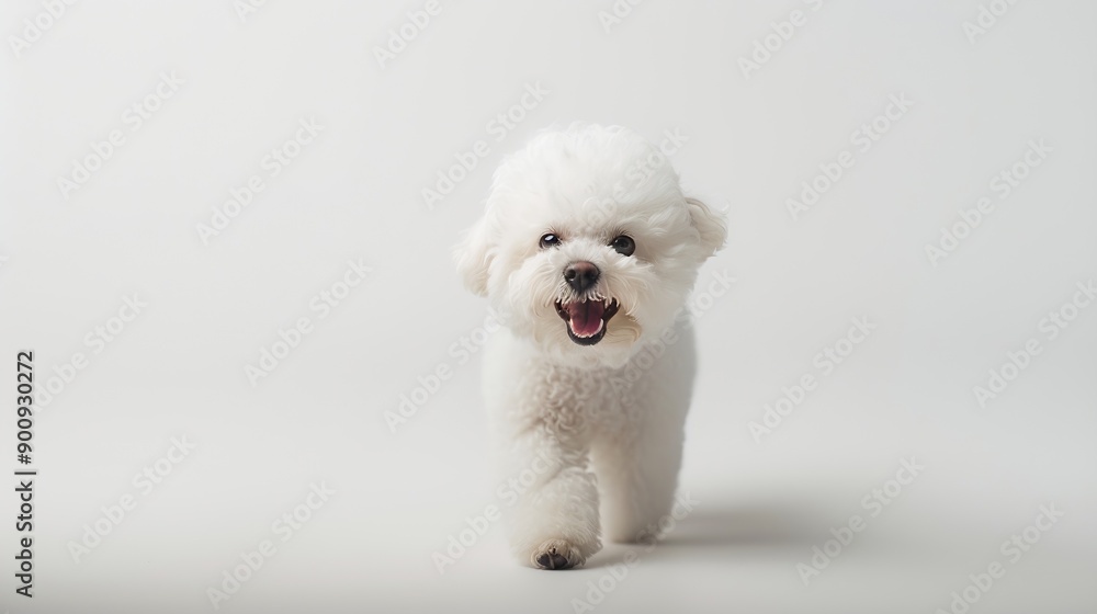 happy small bichon puppy sticking out tongue and panting while walking in front of white background in studio : Generative AI happy small bichon puppy sticking out tongue and panting while walking in front of white background in studio : Generative AI