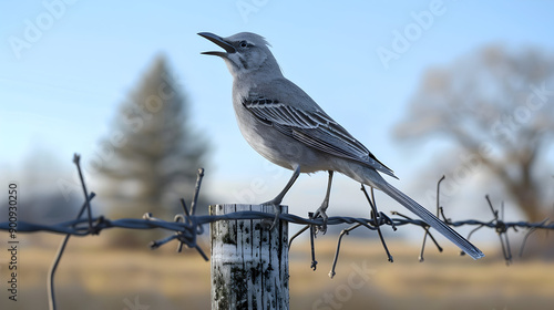 A Northern Mockingbird perched on a barbed wire fence, singing its song. photo