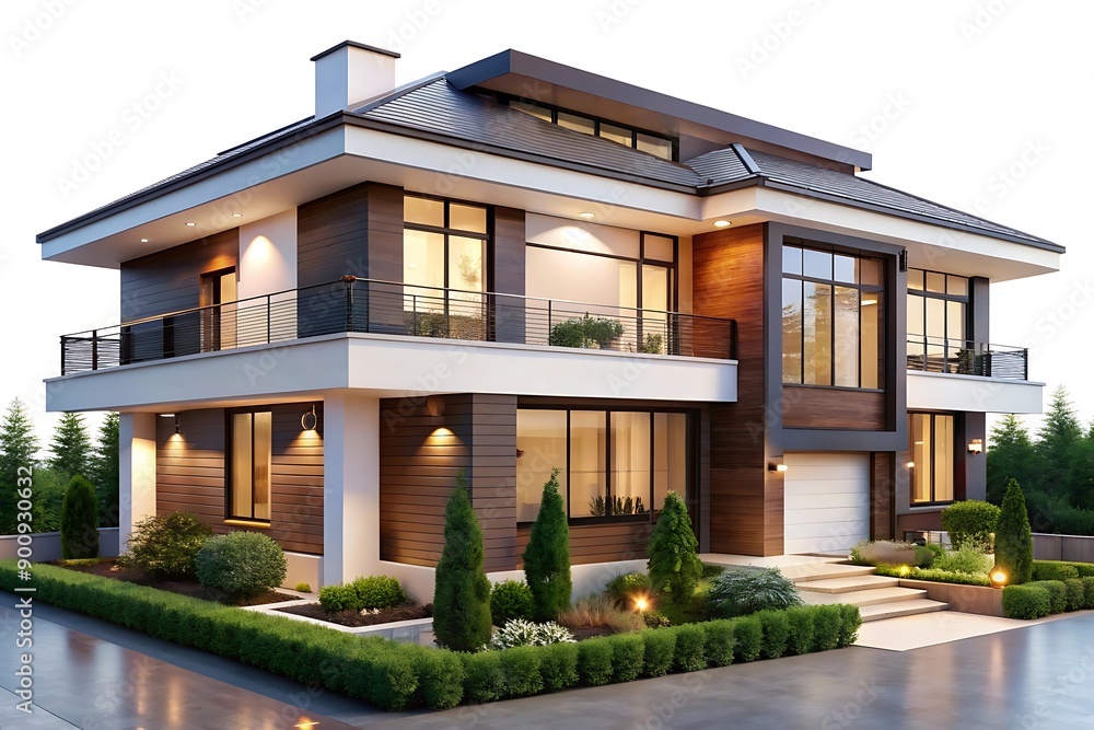 Modern Two-Story Home with Balcony and Landscaping. Modern Two-Story Home with Balcony and Landscaping.