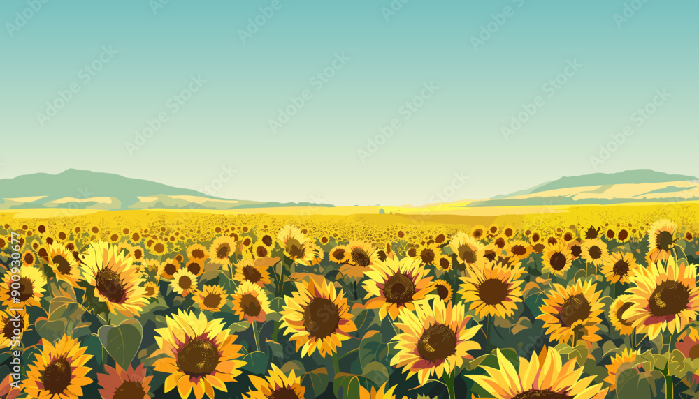 Obraz premium Rustic sunflower field landscape. Yellow flower heads in front. Hills and meadows on the back. Light blue clean sky. Nature countryside background. Cartoon style vector illustration