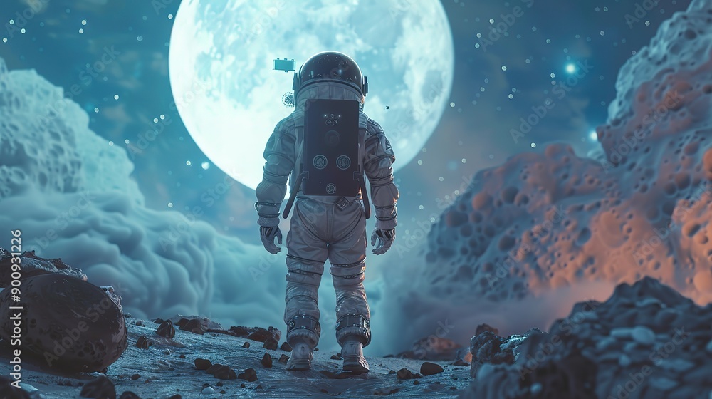 Fototapeta premium Attractive View of astronaut in spacesuit snowboarding on the moon