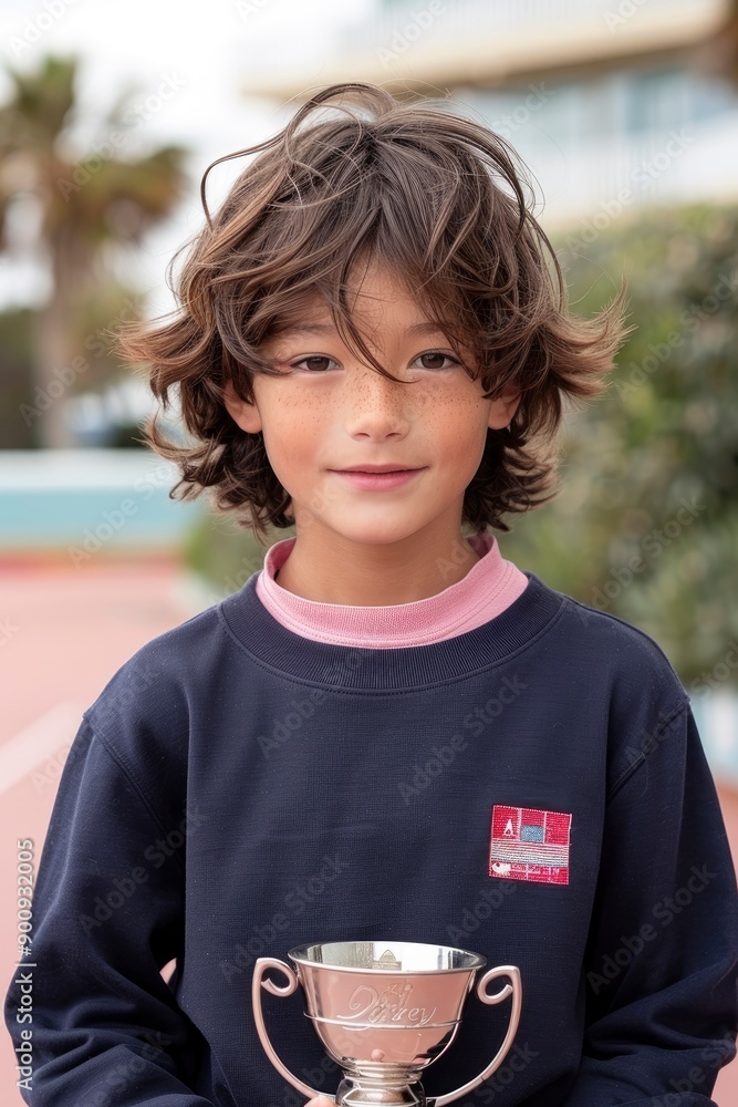 Young Boy with Trophy and Wavy Hair Young Boy with Trophy and Wavy Hair