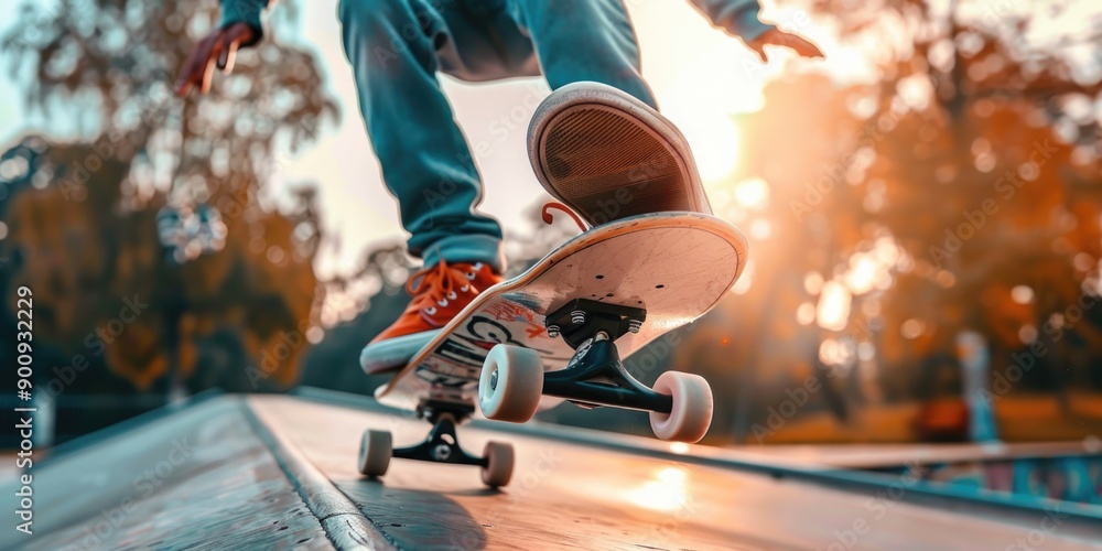 Fototapeta premium A person rides a skateboard on top of a ramp, perfect for action shots or sports photography