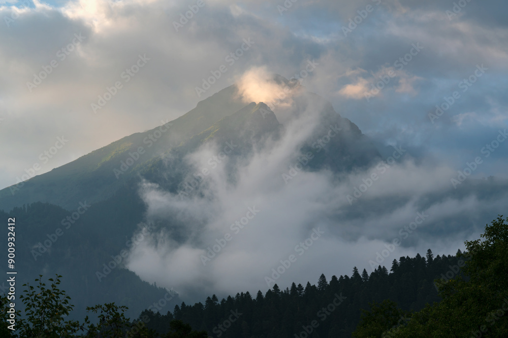 View of the top of Krasnaya Mountain near the village of Arkhyz on a sunny summer morning, North Caucasus, Karachay-Cherkessia, Russia View of the top of Krasnaya Mountain near the village of Arkhyz on a sunny summer morning, North Caucasus, Karachay-Cherkessia, Russia
