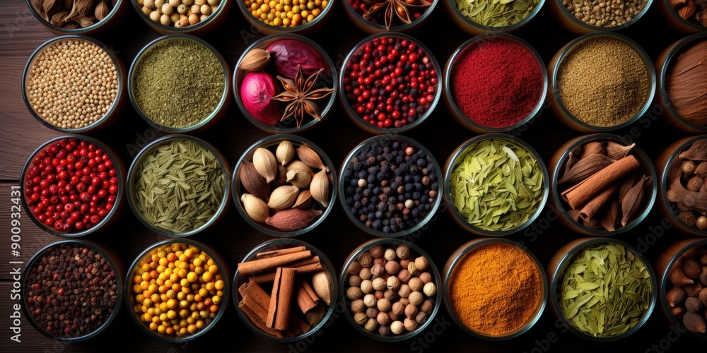 Aromatic Spice Collection: Diverse Flavors in Glass Bowls Aromatic Spice Collection: Diverse Flavors in Glass Bowls