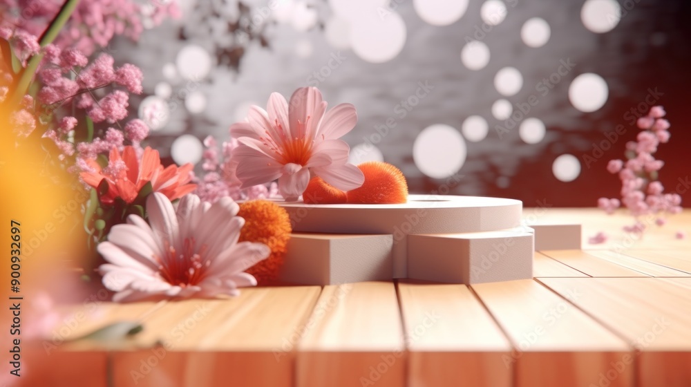 Flowers and Wooden Platform for Product Display Flowers and Wooden Platform for Product Display