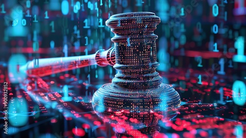 Artificial Intelligence AI and Legal Systems: A digital judge's gavel covered in binary code. copy space for text.