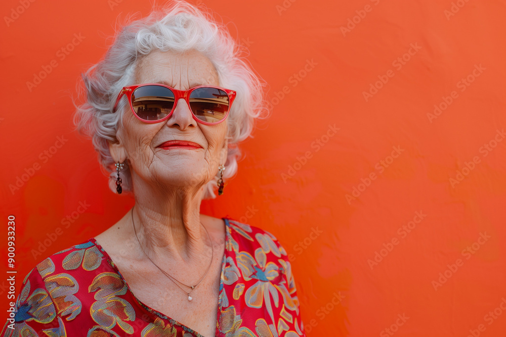 Happy smiling senior woman wearing sunglasses, orange solid colorful background, image with space for text / Femme âgée souriante et heureuse avec lunettes de soleil, fond orange, espace pour le texte Happy smiling senior woman wearing sunglasses, orange solid colorful background, image with space for text / Femme âgée souriante et heureuse avec lunettes de soleil, fond orange, espace pour le texte
