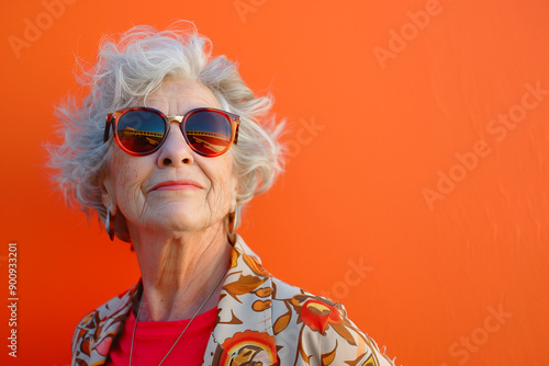 Happy smiling senior woman wearing sunglasses, orange solid colorful background, image with space for text / Femme âgée souriante et heureuse avec lunettes de soleil, fond orange, espace pour le texte
