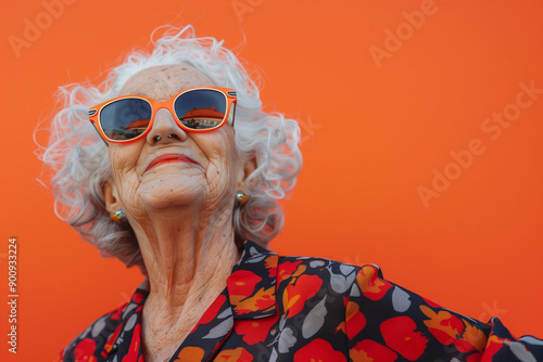 Happy smiling senior woman wearing sunglasses, orange solid colorful background, image with space for text / Femme âgée souriante et heureuse avec lunettes de soleil, fond orange, espace pour le texte photo