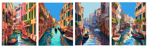 Venice streets posters set. Water channel. Gondola and old Italian city view. Clean blue sky. Historical architecture houses. Travel tourism destination design backgrounds. Vector illustrations