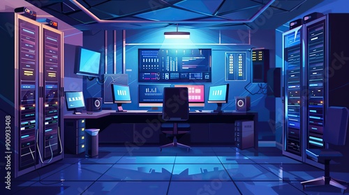 Data center with admin workplace. Vector cartoon illustration of dark room with desktop computers, information technology equipment for cloud storage, cyber security control.