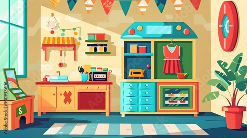 Playful and Colorful Kitchen Interior with Retro Appliances and Bunting