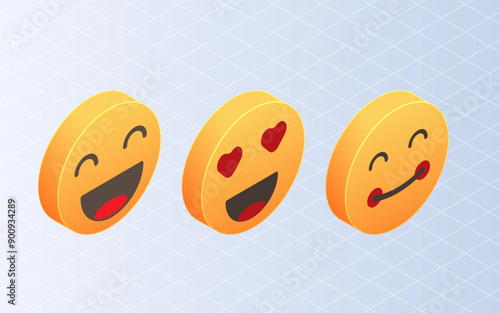 Isometric emoticon smile. Set of yellow emoji on white background