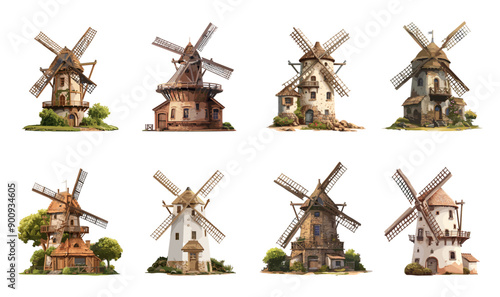 Windmills set. stone and wooden wind mills. Farm buildings for grinding wheat grains. Countryside architecture Isolated vector clipart set
