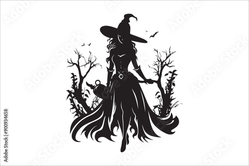 witch silhouette illustration. Halloween witch silhouette. A Silhouette of Witch with Broom.