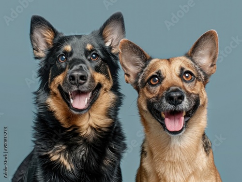 Two dogs sit side by side, friends or siblings