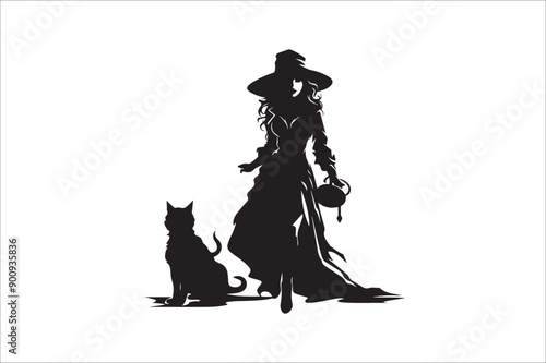 witch silhouette illustration. Halloween witch silhouette. A Silhouette of Witch with Broom.