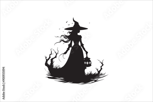 Halloween witch silhouette. A Silhouette of Witch with Broom.