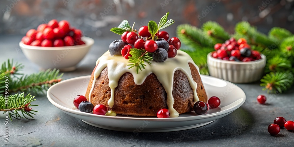 Delightful Festive Dessert Christmas Pudding with Berries and Sauce Generative AI Delightful Festive Dessert Christmas Pudding with Berries and Sauce Generative AI