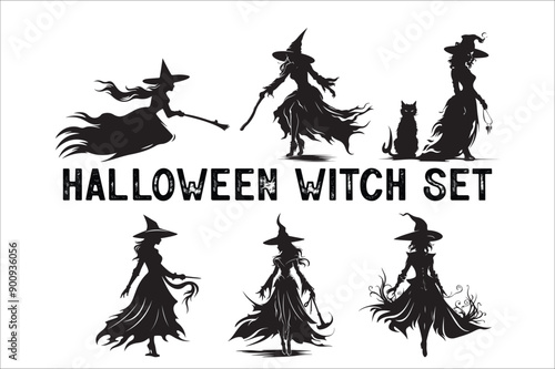 witch silhouette Bundle  illustration. Halloween witch silhouette set. A Silhouette of Witch with Broom.