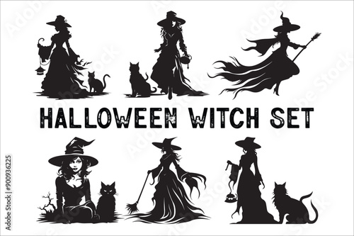 Witch silhouette illustration. Halloween witch silhouette. A Silhouette of Witch with Broom.