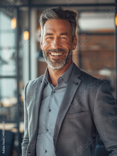 A smiling man wearing a gray suit and blue shirt, perfect for business or formal occasions