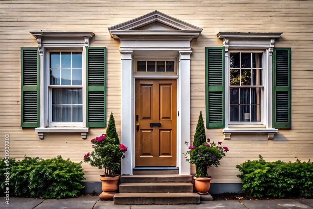 Front door of a house with green shutters. Front door of a house with green shutters.