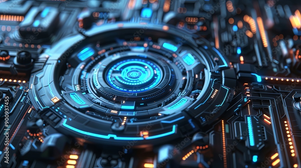 A blue and orange circuit board with a blue circle in the center A blue and orange circuit board with a blue circle in the center