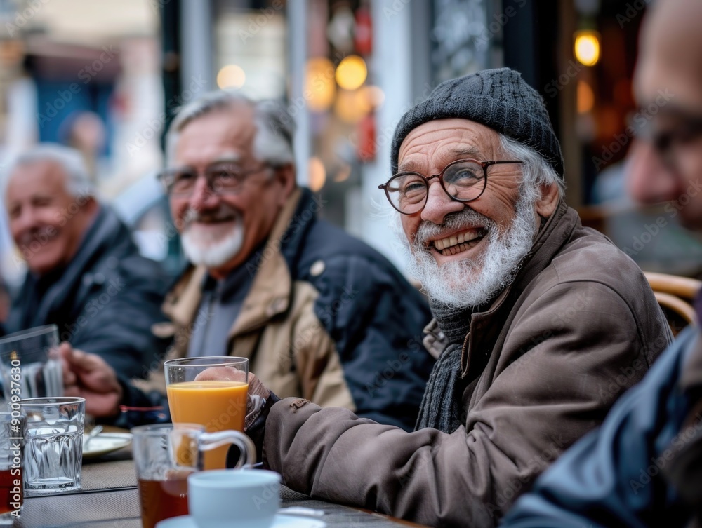 A group of older men sitting together at a table, possibly having a meeting or socializing A group of older men sitting together at a table, possibly having a meeting or socializing