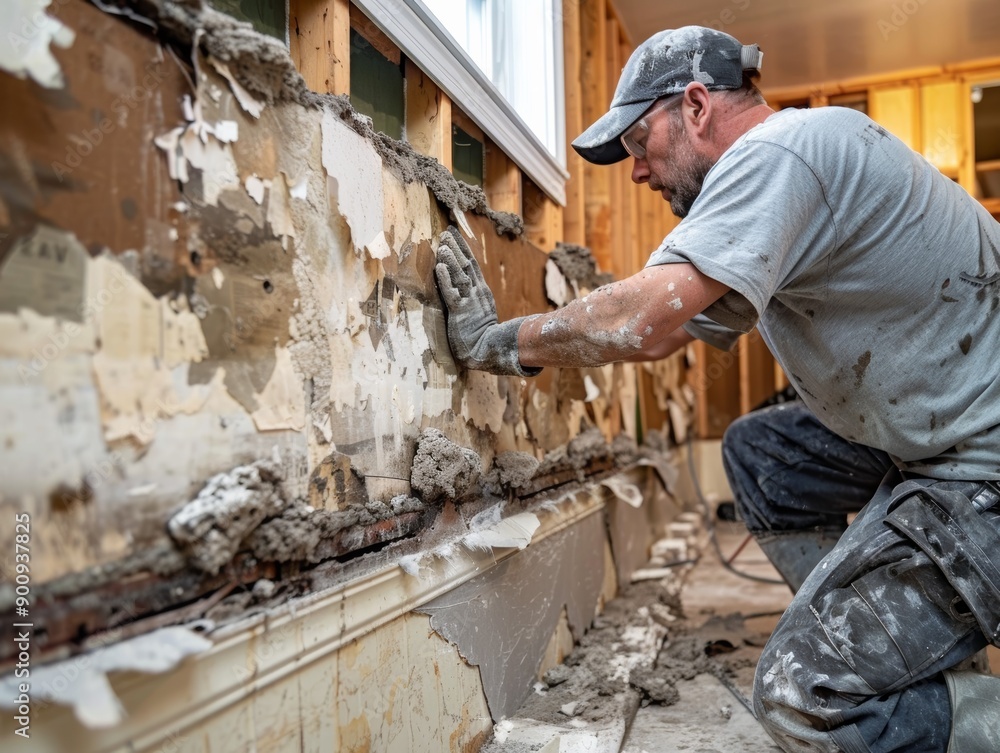 A contractor removes old wallpaper and prepares a wall for renovation in a home. A contractor removes old wallpaper and prepares a wall for renovation in a home.