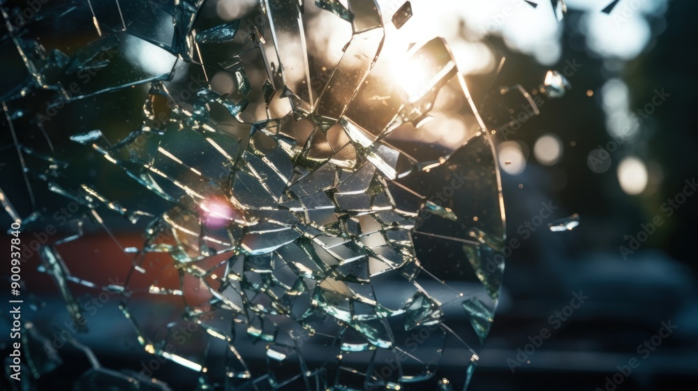 Shattered Glass Window with Sun Glare Shattered Glass Window with Sun Glare