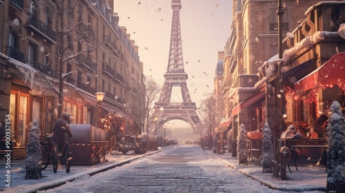Fototapeta Naklejka Na Ścianę i Meble -  Snowy Parisian Street with Eiffel Tower in the Background