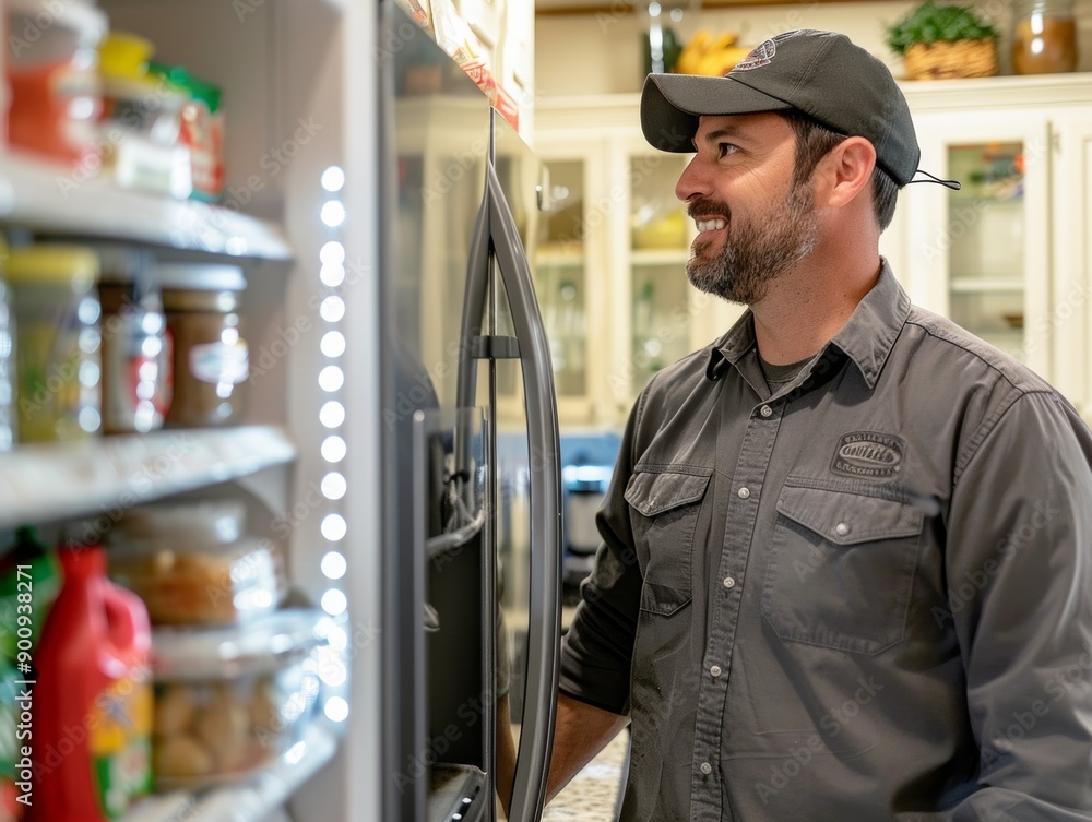 A man enjoying a moment in the kitchen, interacting with his organized fridge filled with various foods and jars. A man enjoying a moment in the kitchen, interacting with his organized fridge filled with various foods and jars.