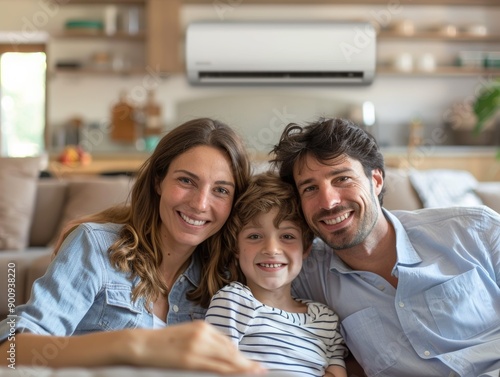 A happy family enjoys quality time together at home, smiling and relaxing in a cozy living space with an air conditioner.