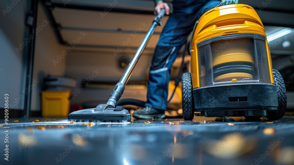Fototapeta premium A person using a vacuum cleaner in a garage, showcasing efficient cleaning on a shiny floor with visible debris.