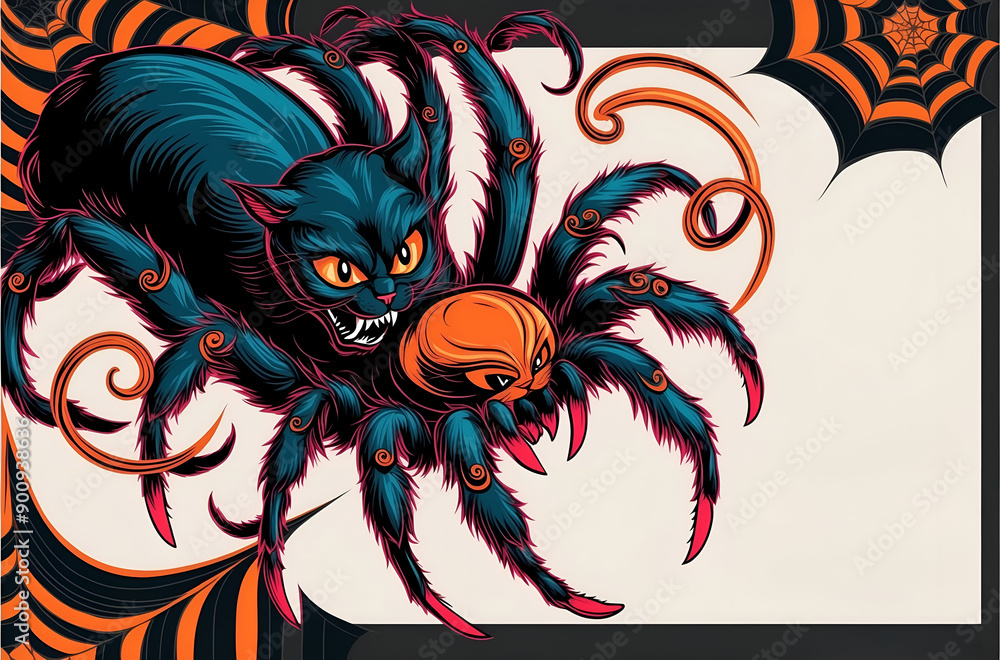 Obraz premium This is a Spooky Cartoon Spider Cat Hybrid Art piece, perfect for Halloween celebrations
