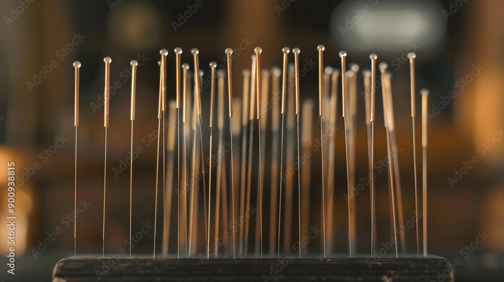 Neatly arranged acupuncture needles of different sizes on a specialized stand, ready for use in traditional Chinese medicine treatments Neatly arranged acupuncture needles of different sizes on a specialized stand, ready for use in traditional Chinese medicine treatments