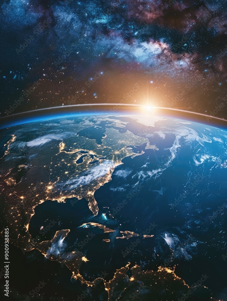 A view of the Earth from space at night, with city lights and stars visible A view of the Earth from space at night, with city lights and stars visible