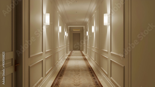 Elegant hallway with white walls and a patterned carpet, leading to a door at the end. © Eddy Drmwn